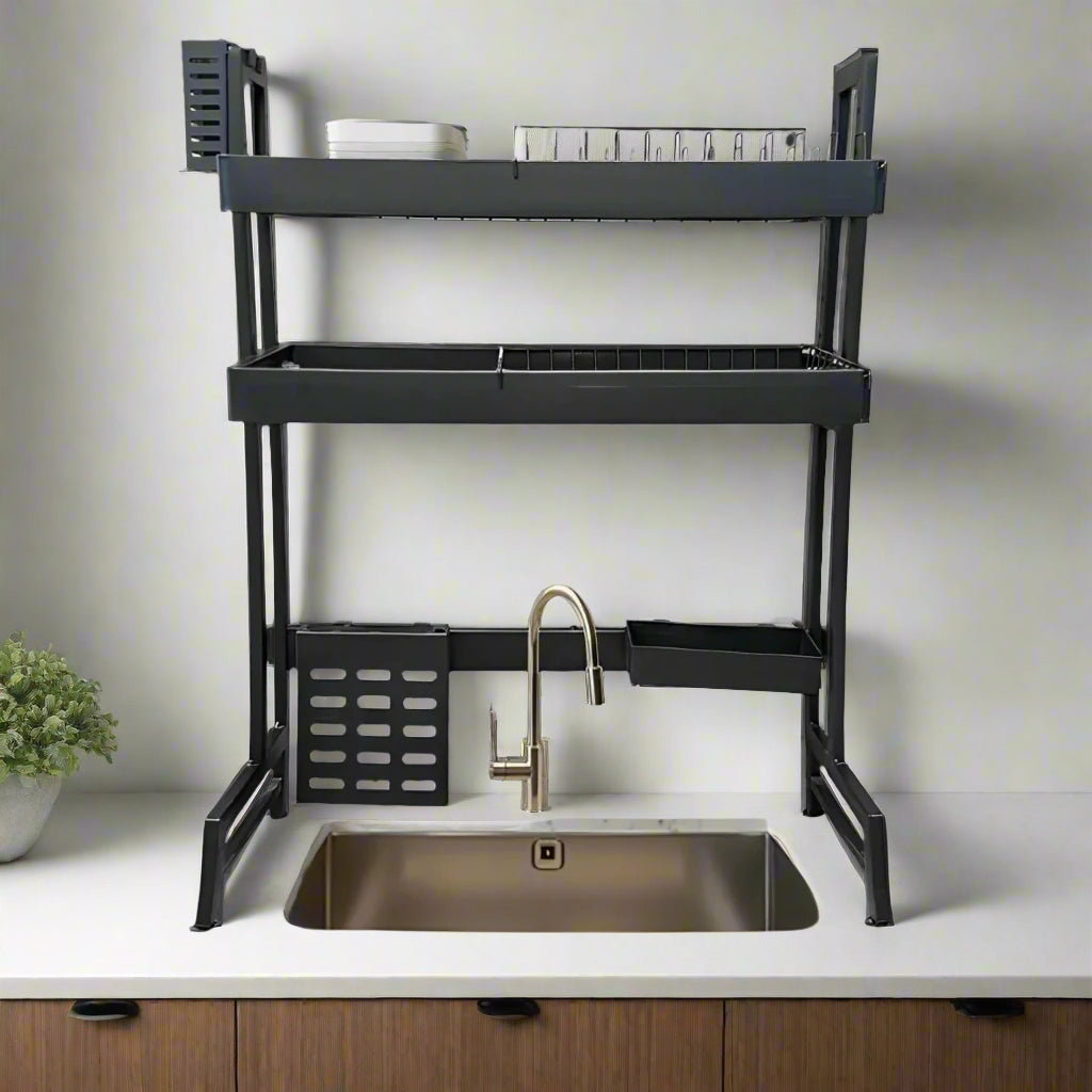 2 Layer Kitchen Dish Drying Rack, Over-the-Sink Dish Drainer, Extendable Dish Rack Organizer Shelf