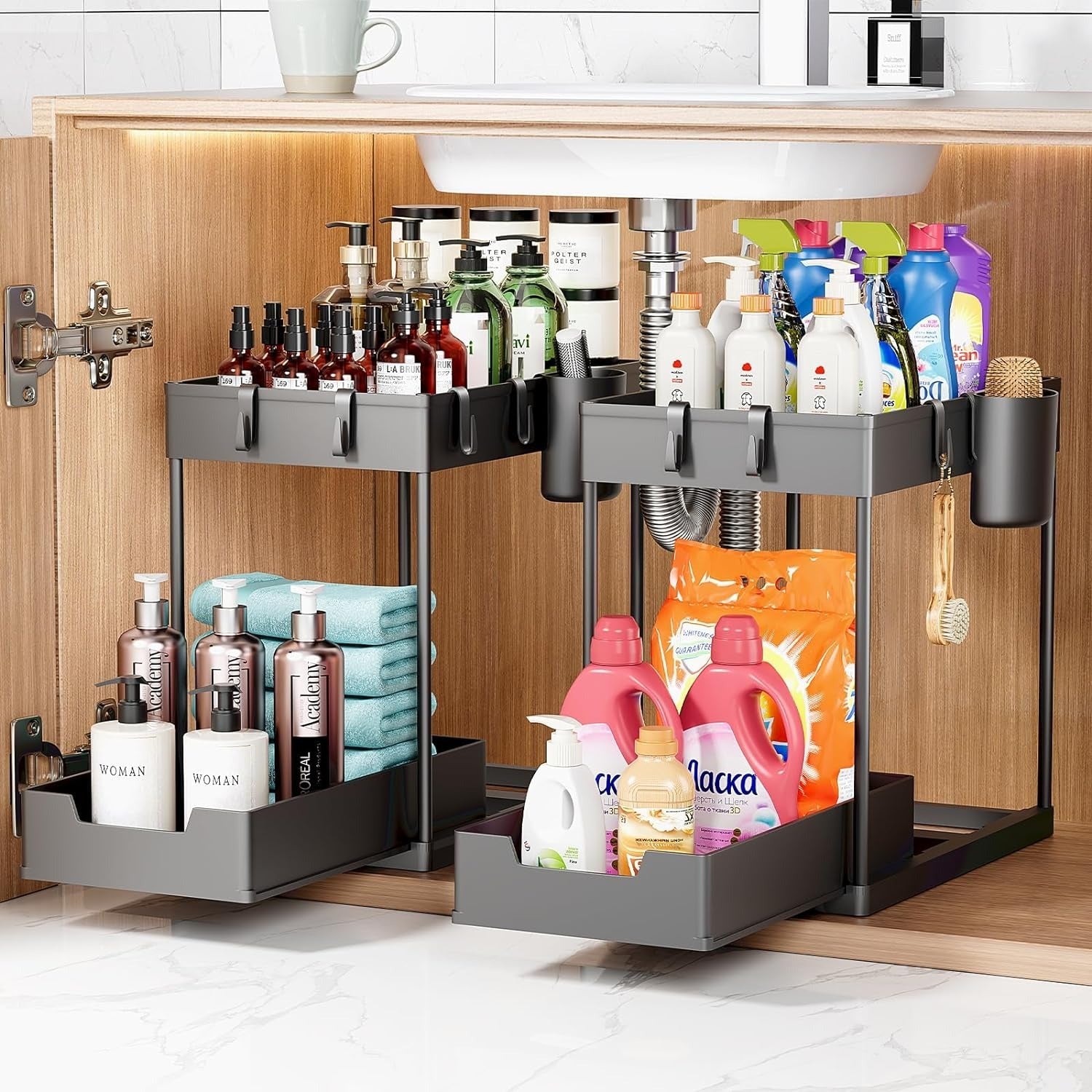 2 Tier Under Sink Organizer - Sliding Cabinet Rack for Kitchen and Bathroom