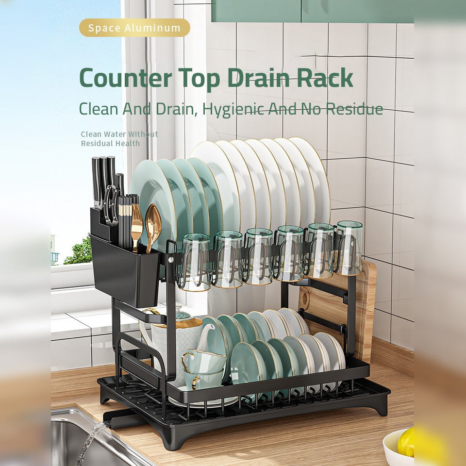 2 Tier Dish Drying Rack with Cutlery Holder, Cup Rack, Drainboard