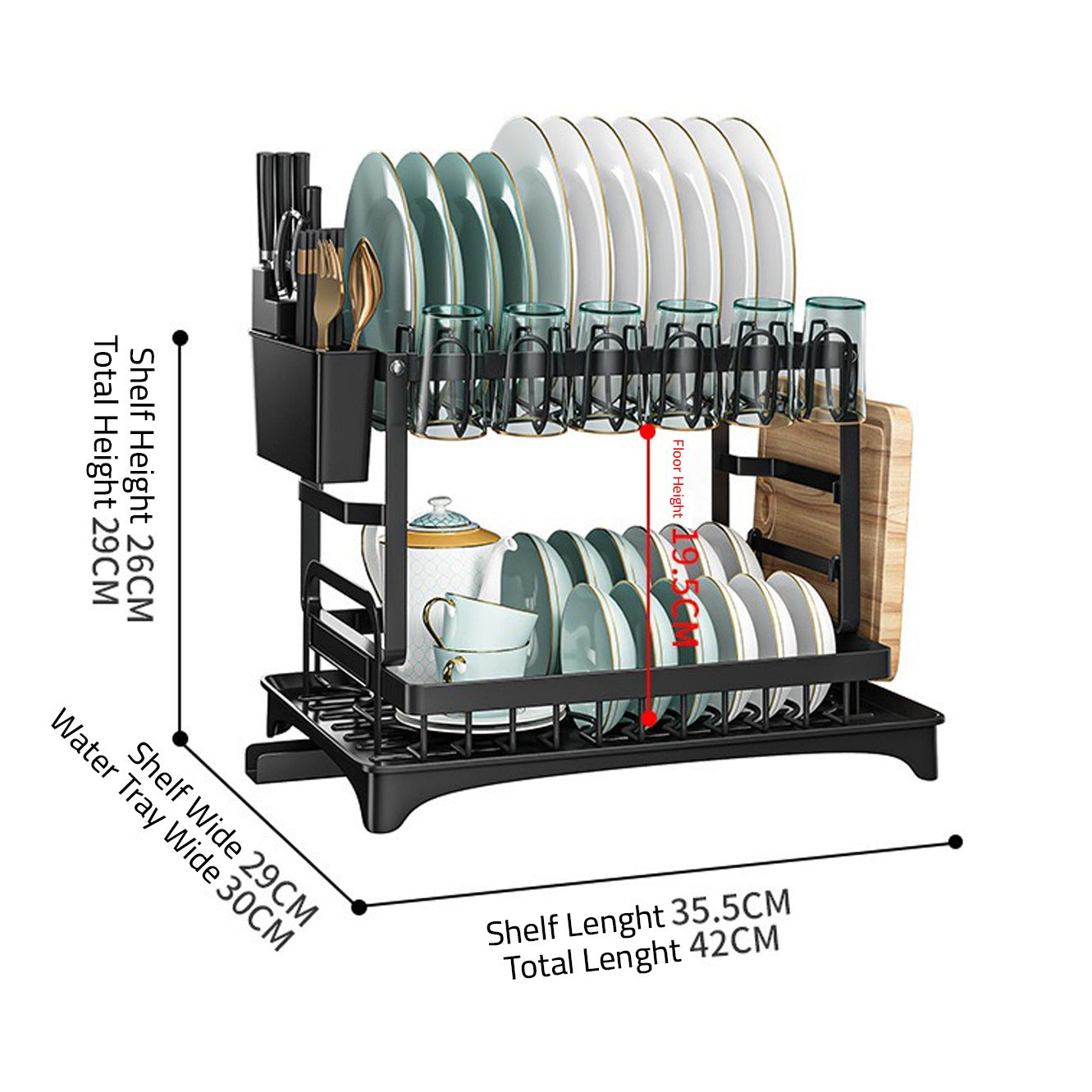 2 Tier Dish Drying Rack with Cutlery Holder, Cup Rack, Drainboard