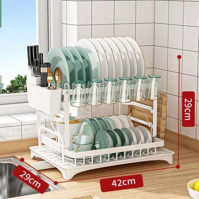 2 Tier Dish Drying Rack with Cutlery Holder, Cup Rack, Drainboard
