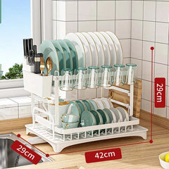 2 Tier Dish Drying Rack with Cutlery Holder, Cup Rack, Drainboard
