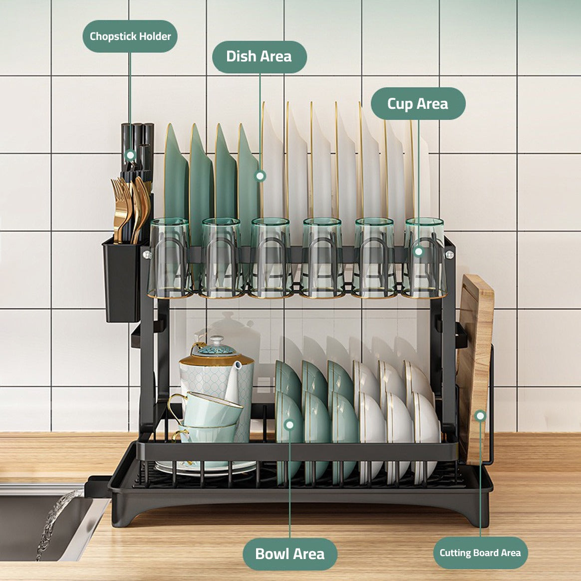 2 Tier Dish Drying Rack with Cutlery Holder, Cup Rack, Drainboard