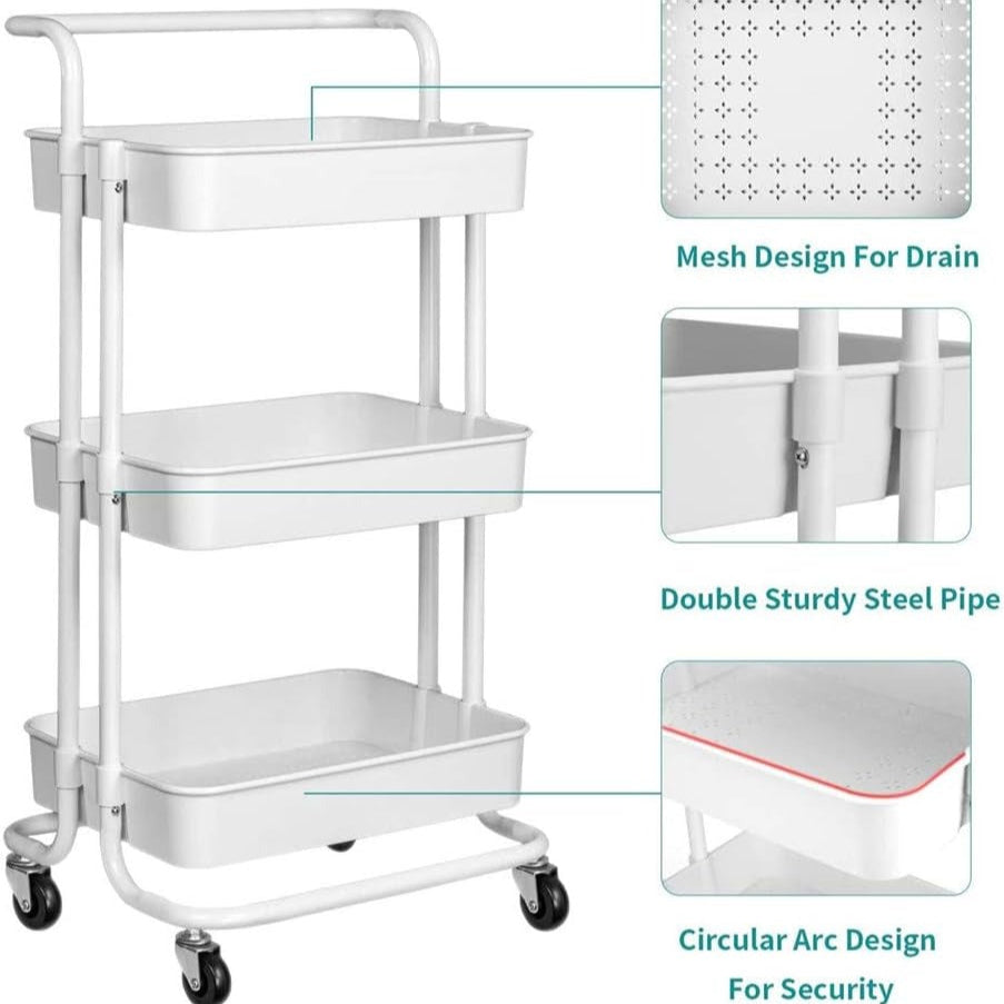 3-Tier Trolley Cart Organizer - Stackable Basket Rack for Kitchen and Pantry Storage