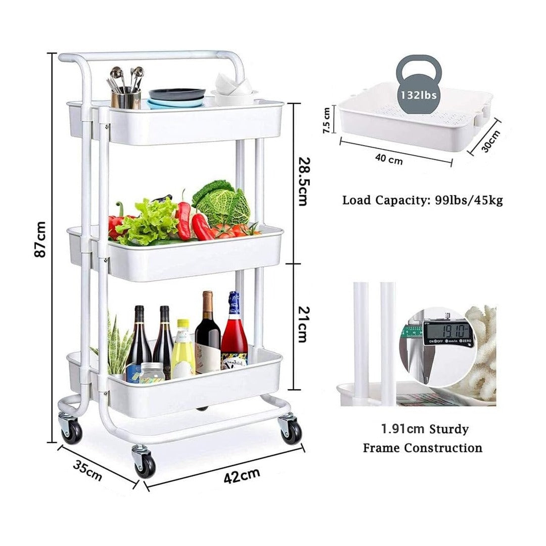 3-Tier Trolley Cart Organizer - Stackable Basket Rack for Kitchen and Pantry Storage