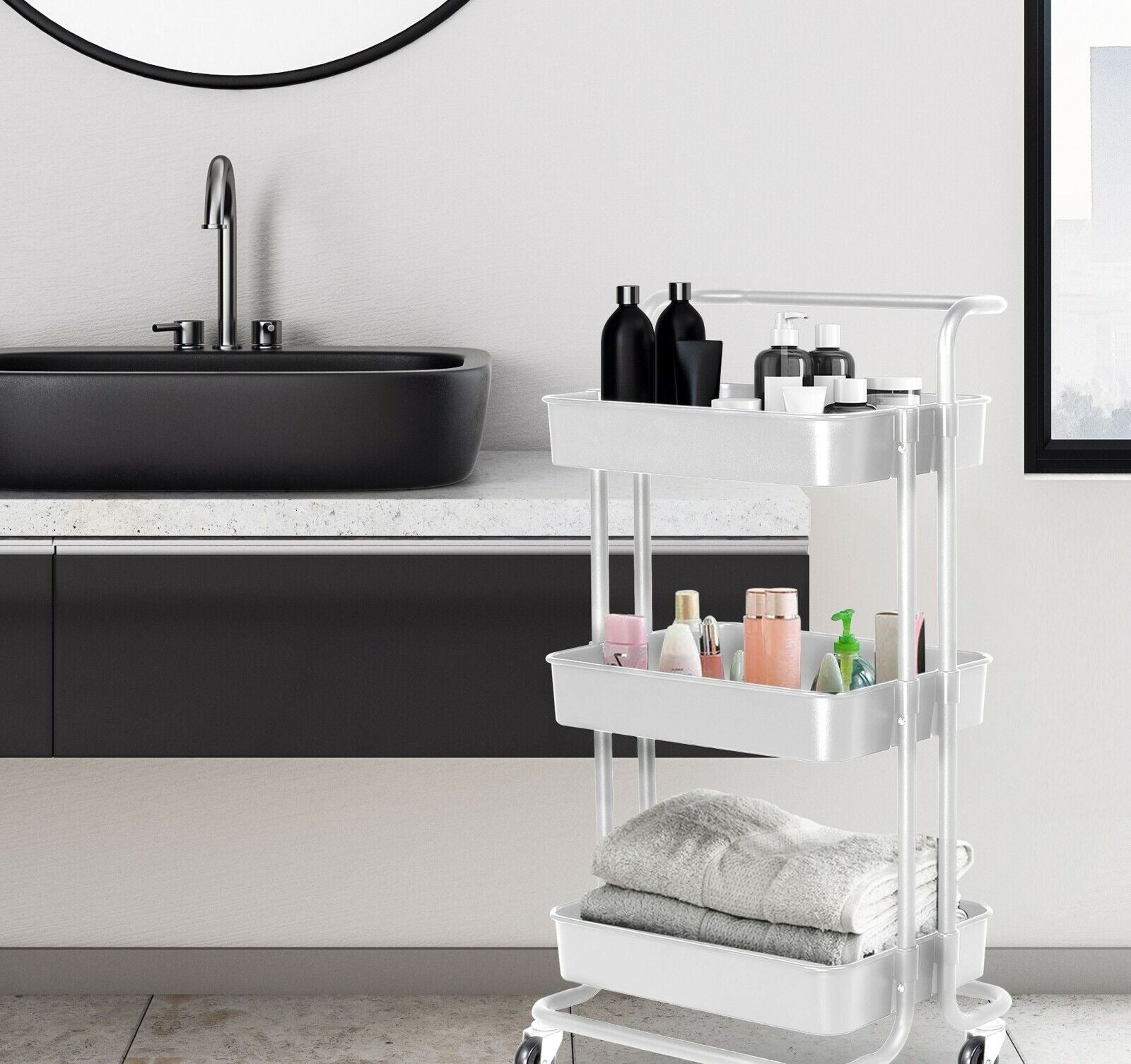 3-Tier Trolley Cart Organizer - Stackable Basket Rack for Kitchen and Pantry Storage