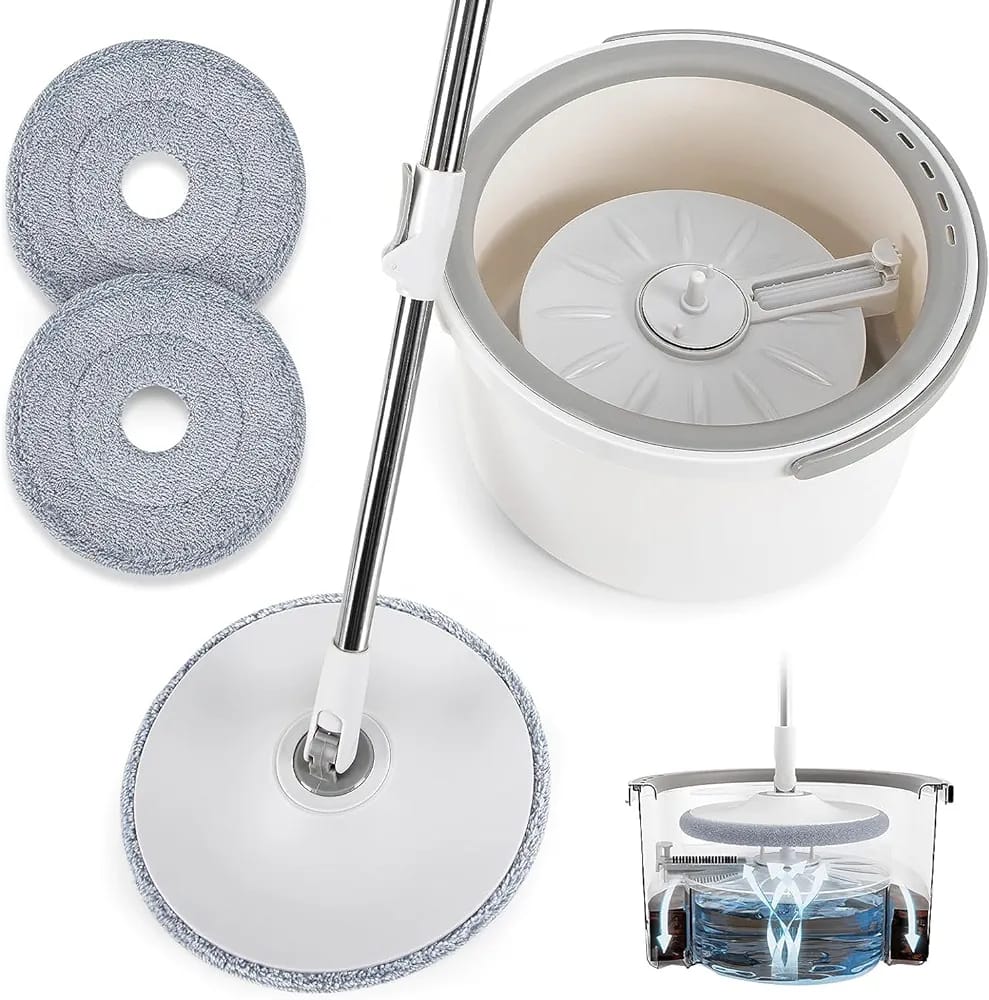 360° Spin Mop and Bucket Set - Self-Separating System, 2 Microfiber Pads, For Floor Cleaning