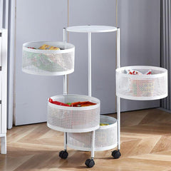 Multi- Layer Kitchen Storage Rotatable Rack, Round Basket Shelf Rack, Kitchen Fruit Vegetable Storage Organizer Cart with Wheels