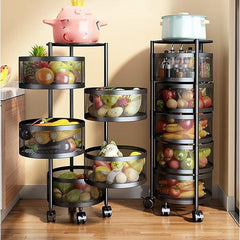Multi- Layer Kitchen Storage Rotatable Rack, Round Basket Shelf Rack, Kitchen Fruit Vegetable Storage Organizer Cart with Wheels