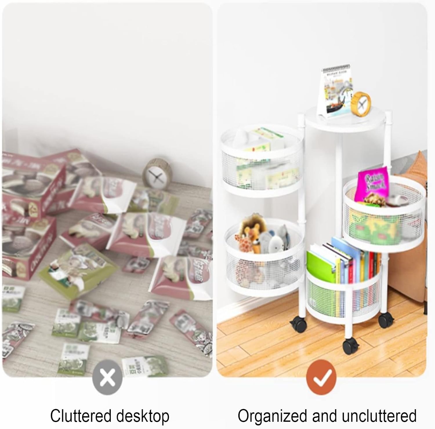 Multi- Layer Kitchen Storage Rotatable Rack, Round Basket Shelf Rack, Kitchen Fruit Vegetable Storage Organizer Cart with Wheels
