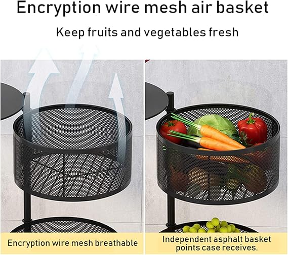 Multi- Layer Kitchen Storage Rotatable Rack, Round Basket Shelf Rack, Kitchen Fruit Vegetable Storage Organizer Cart with Wheels