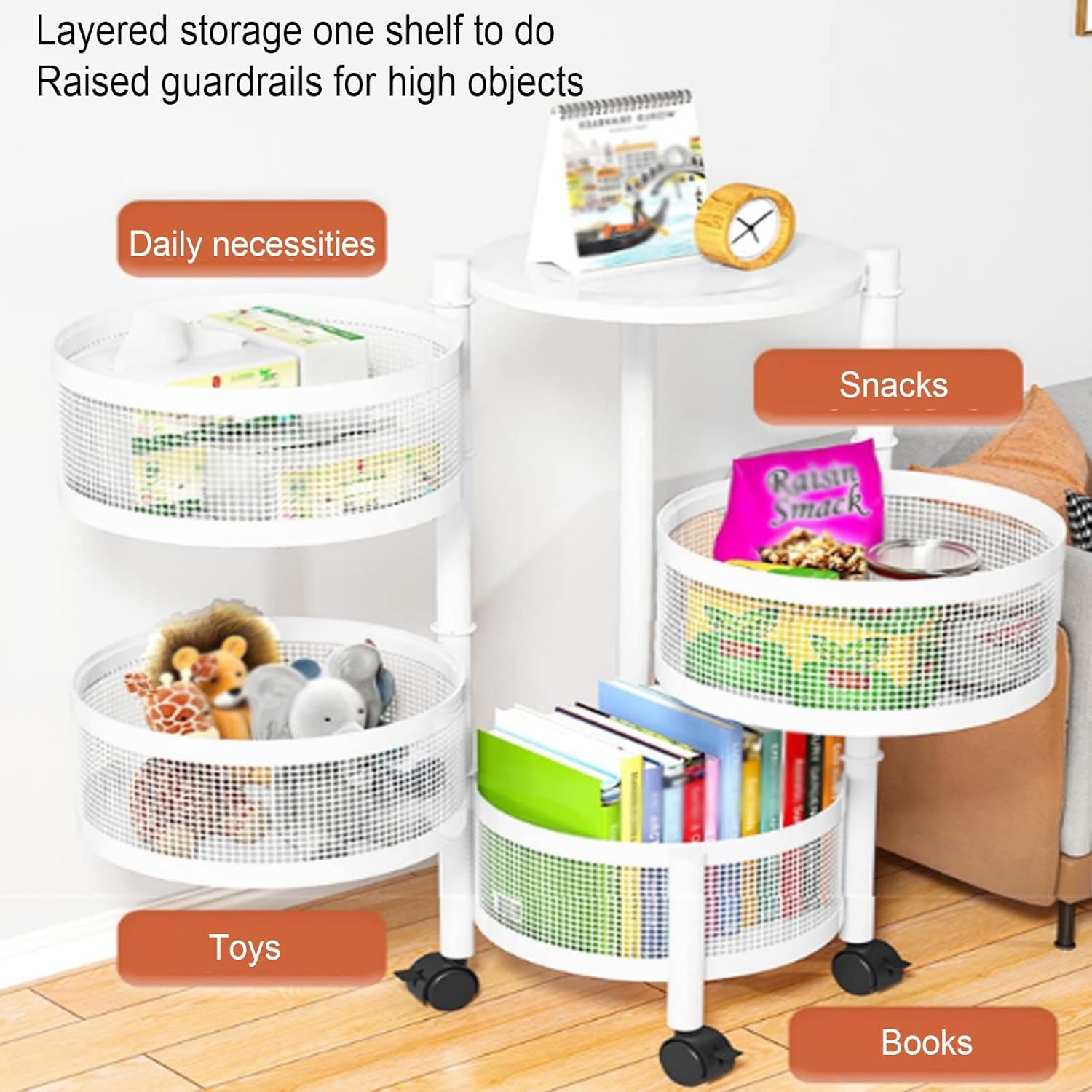 Multi- Layer Kitchen Storage Rotatable Rack, Round Basket Shelf Rack, Kitchen Fruit Vegetable Storage Organizer Cart with Wheels