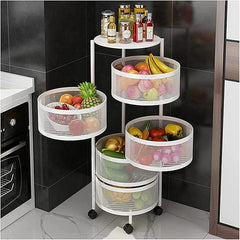 Multi- Layer Kitchen Storage Rotatable Rack, Round Basket Shelf Rack, Kitchen Fruit Vegetable Storage Organizer Cart with Wheels