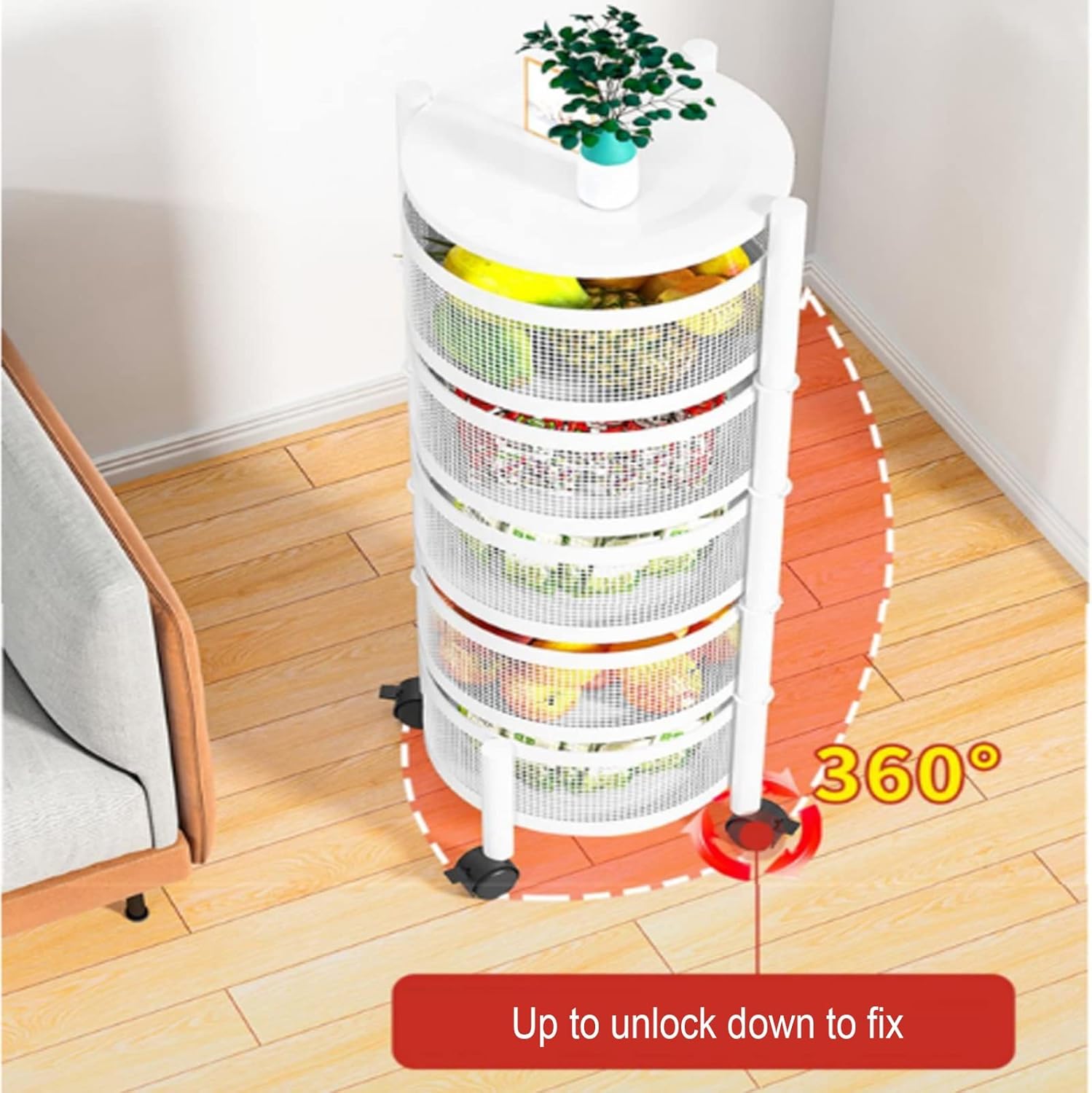 Multi- Layer Kitchen Storage Rotatable Rack, Round Basket Shelf Rack, Kitchen Fruit Vegetable Storage Organizer Cart with Wheels