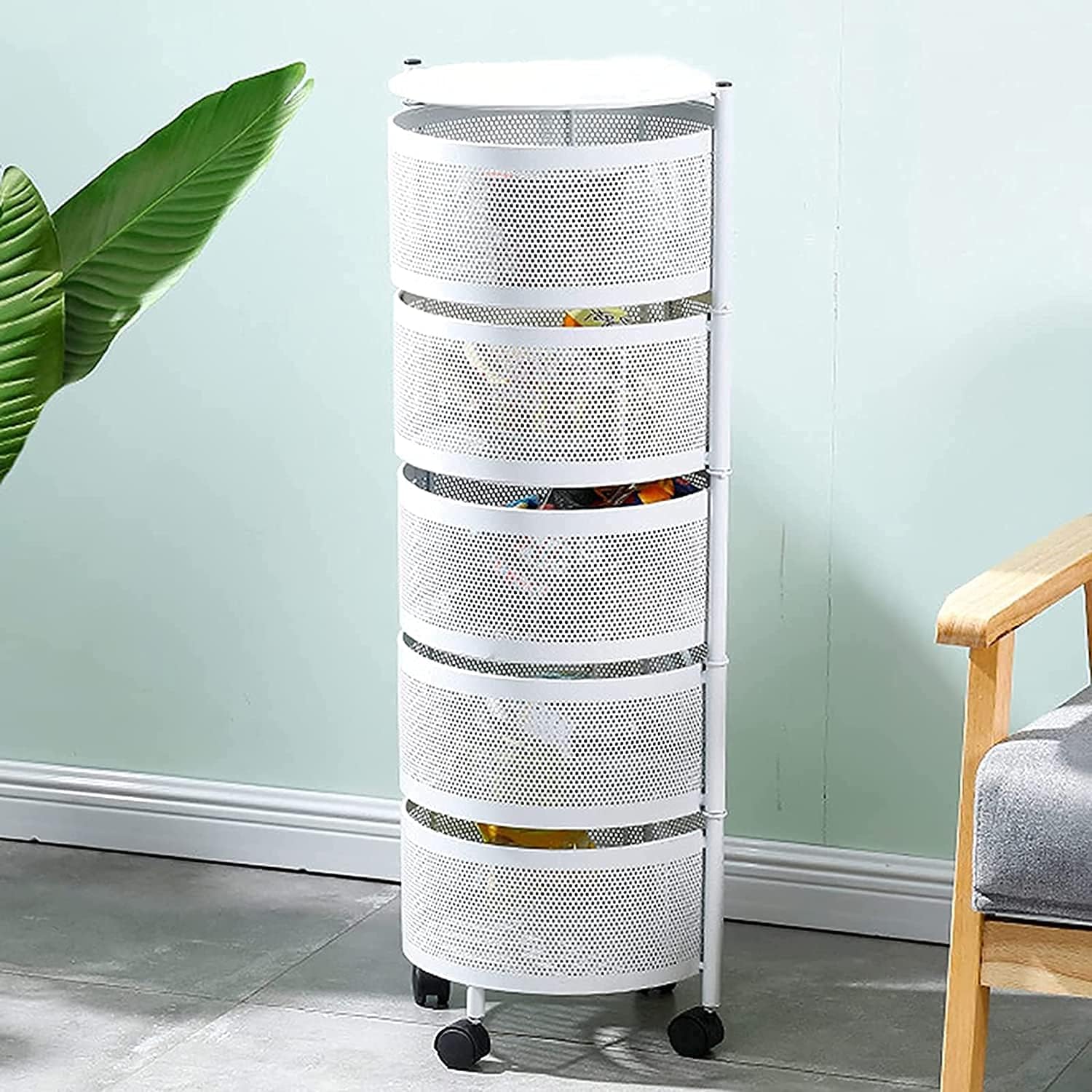 Multi- Layer Kitchen Storage Rotatable Rack, Round Basket Shelf Rack, Kitchen Fruit Vegetable Storage Organizer Cart with Wheels