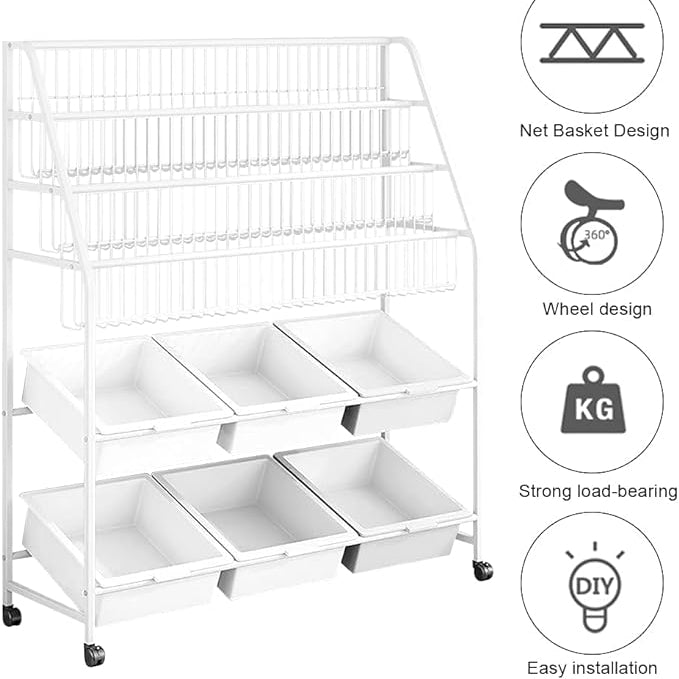 Kids Bookshelf and Toy Storage Organizer Rack, Display Shelf with 6 Storage Bins and Wheels