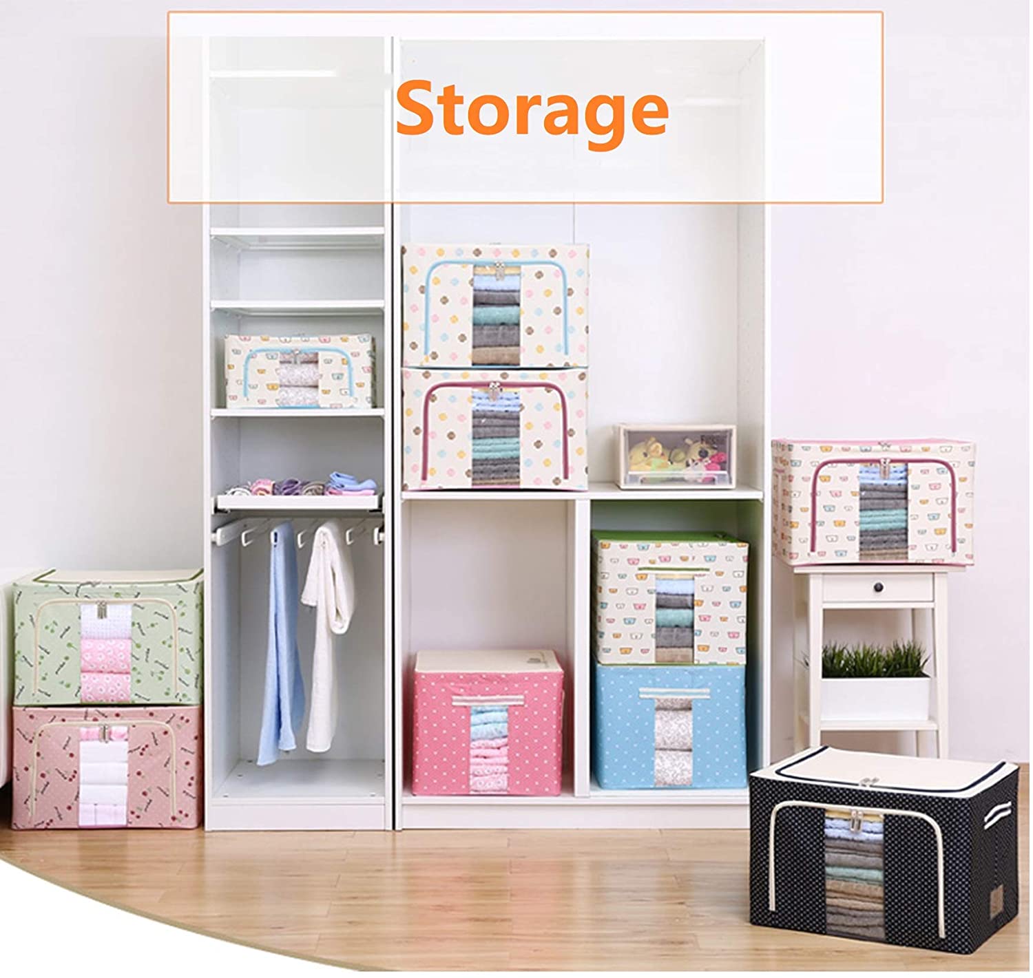 2 Pack 72L Foldable Cloth Storage Organizer Box, Large Capacity Wardrobe Organizer with Steel Frame Support