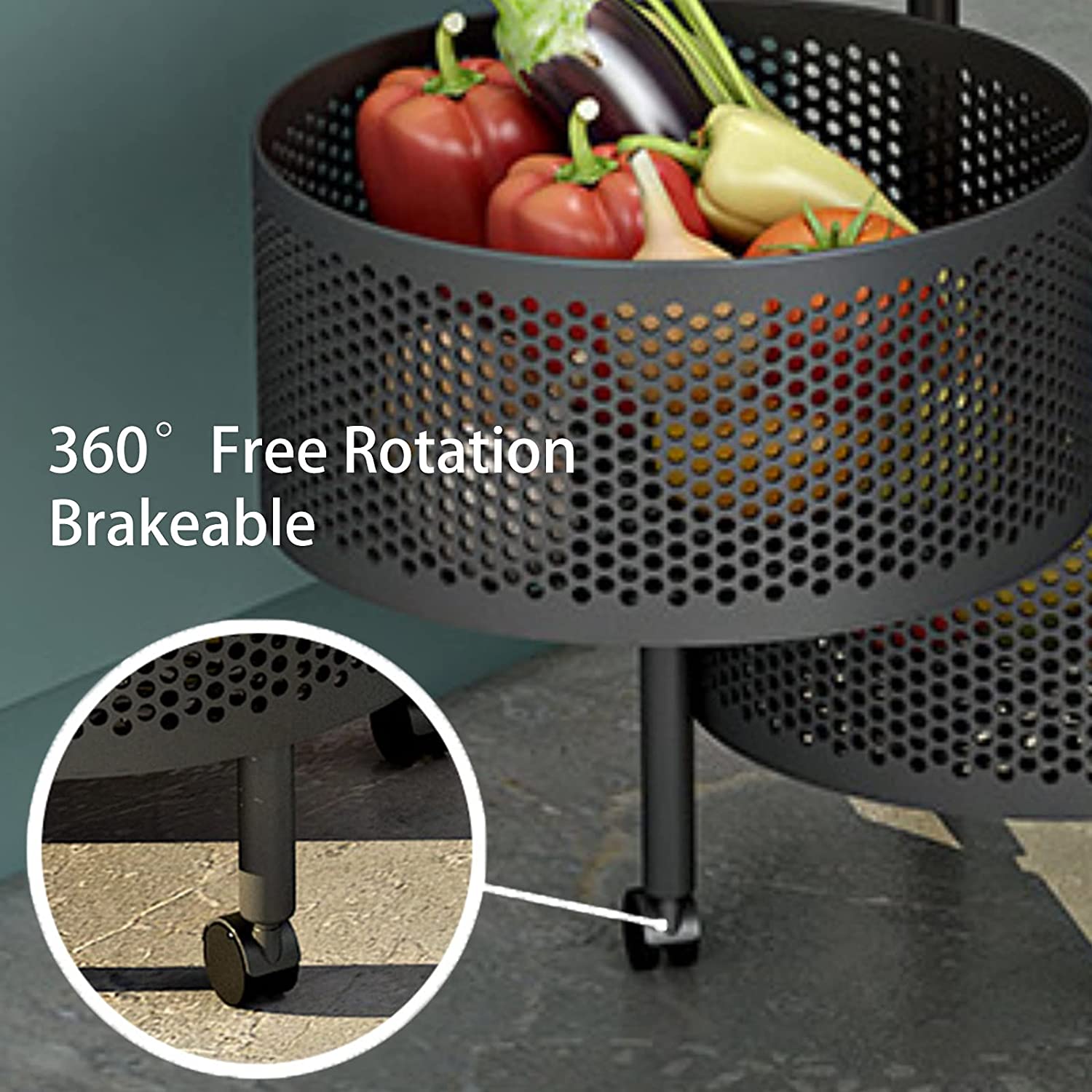 Multi- Layer Kitchen Storage Rotatable Rack, Round Basket Shelf Rack, Kitchen Fruit Vegetable Storage Organizer Cart with Wheels