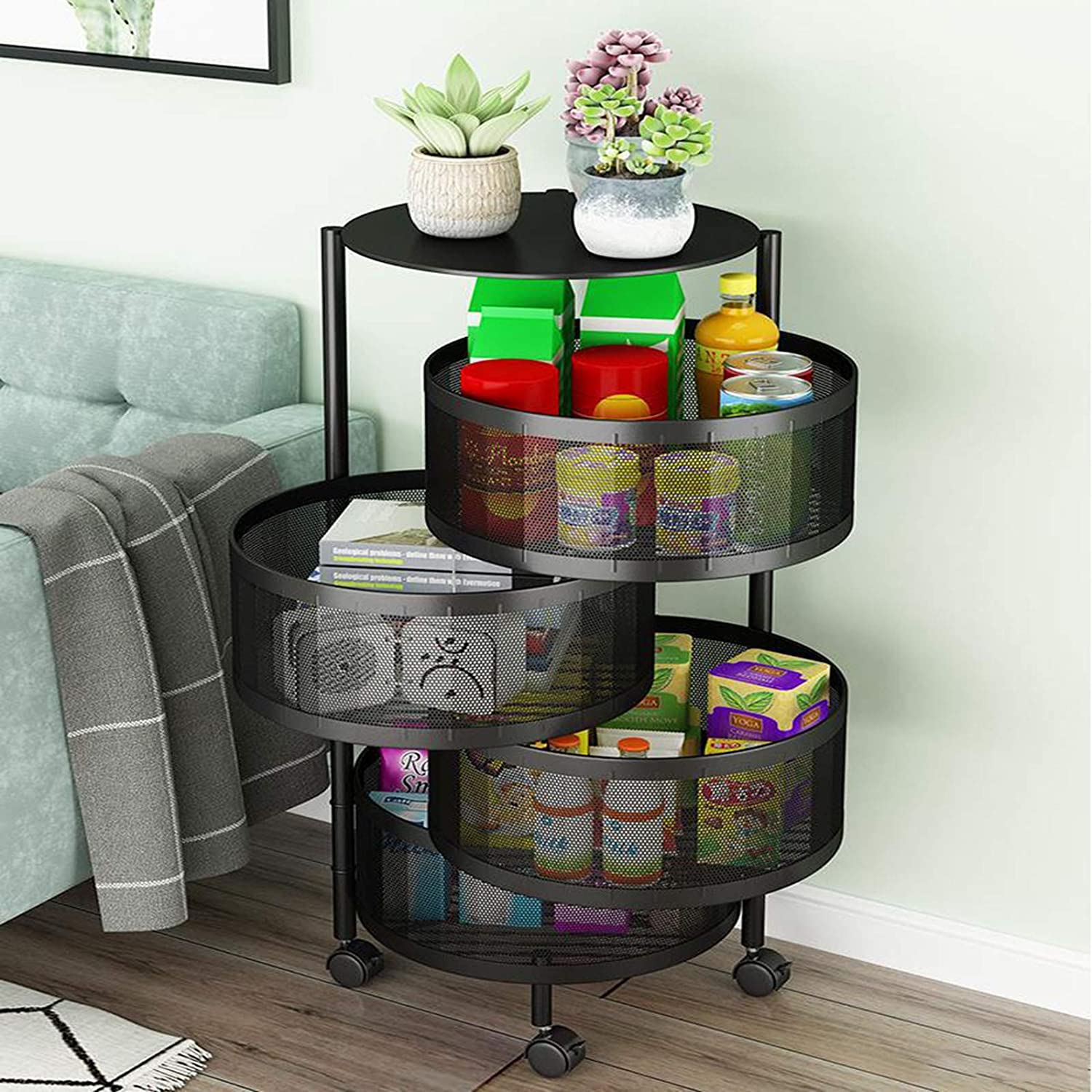 Multi- Layer Kitchen Storage Rotatable Rack, Round Basket Shelf Rack, Kitchen Fruit Vegetable Storage Organizer Cart with Wheels