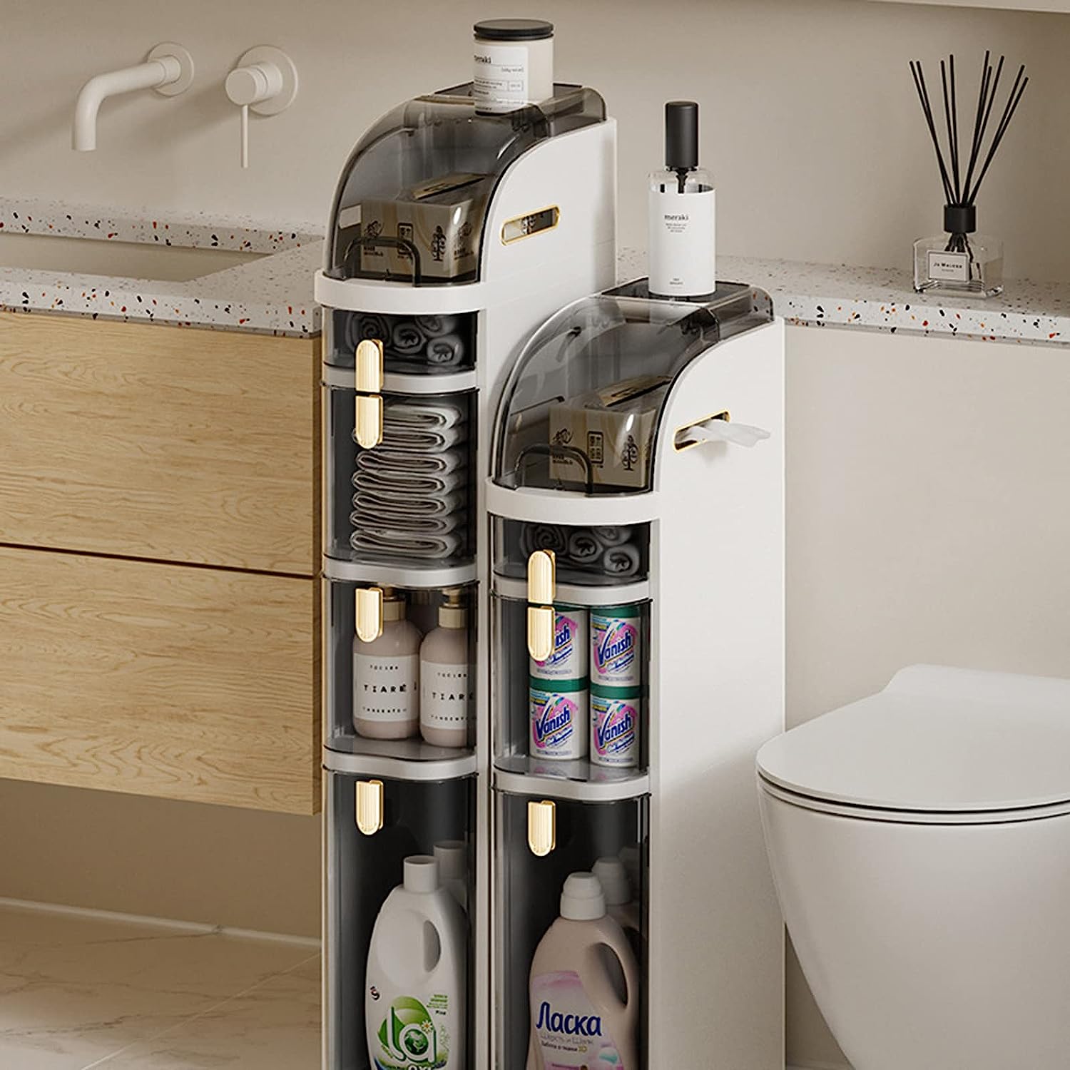 Narrow Slim Gap Tower Bathroom Floor Cabinet Organizer, Side Rolling Storage with Clear Drawers for Small Space