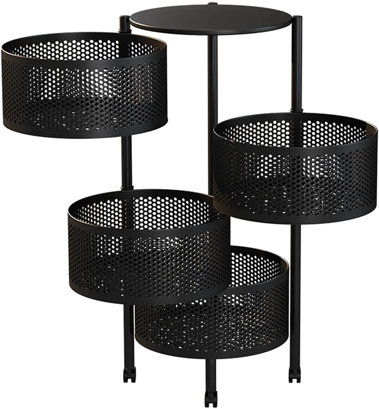 Multi- Layer Kitchen Storage Rotatable Rack, Round Basket Shelf Rack, Kitchen Fruit Vegetable Storage Organizer Cart with Wheels
