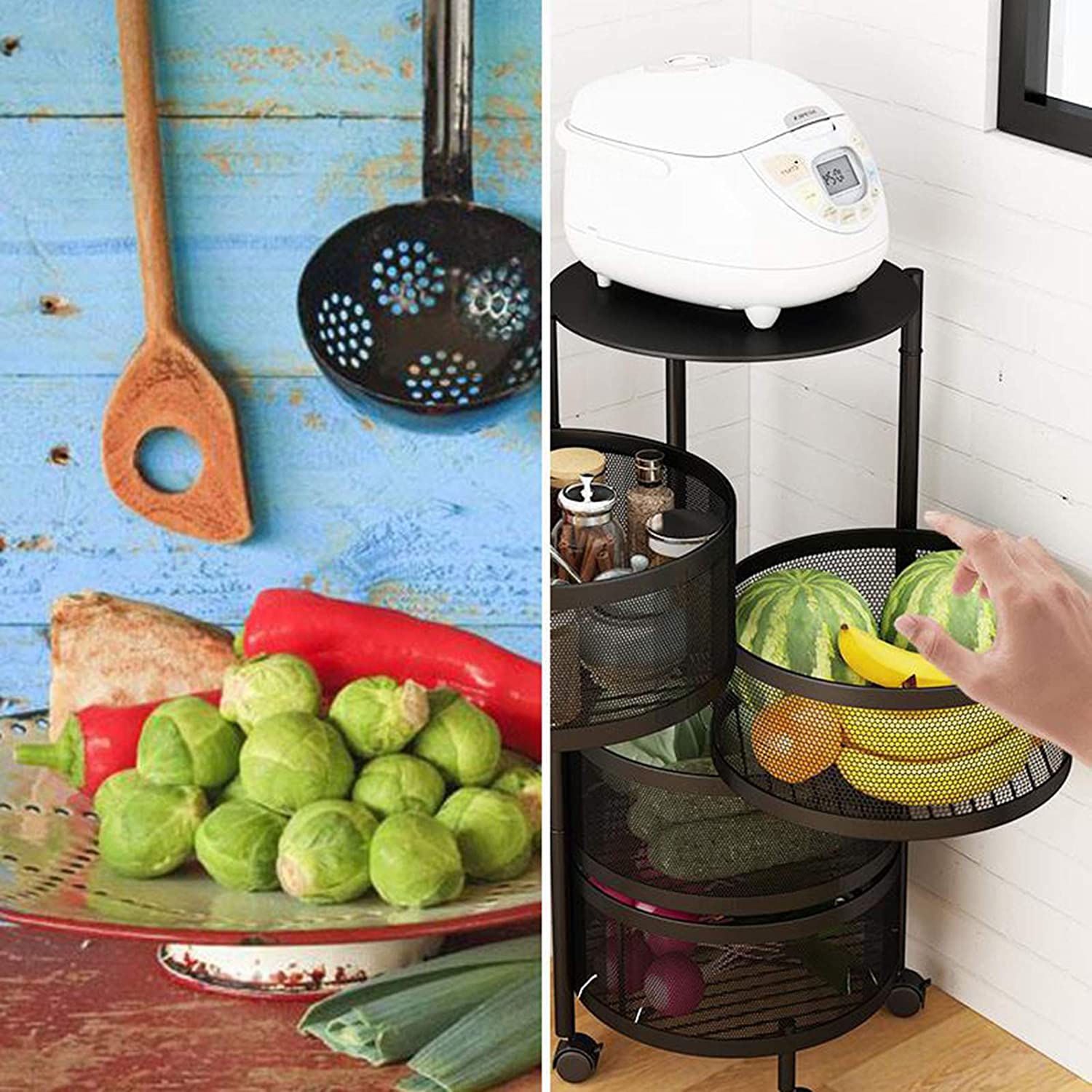 Multi- Layer Kitchen Storage Rotatable Rack, Round Basket Shelf Rack, Kitchen Fruit Vegetable Storage Organizer Cart with Wheels