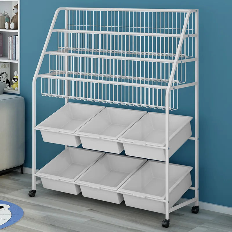 Kids Bookshelf and Toy Storage Organizer Rack, Display Shelf with 6 Storage Bins and Wheels