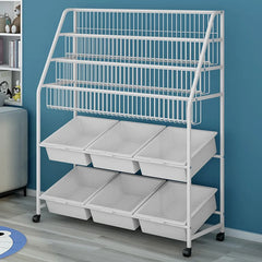 Kids Bookshelf and Toy Storage Organizer Rack, Display Shelf with 6 Storage Bins and Wheels