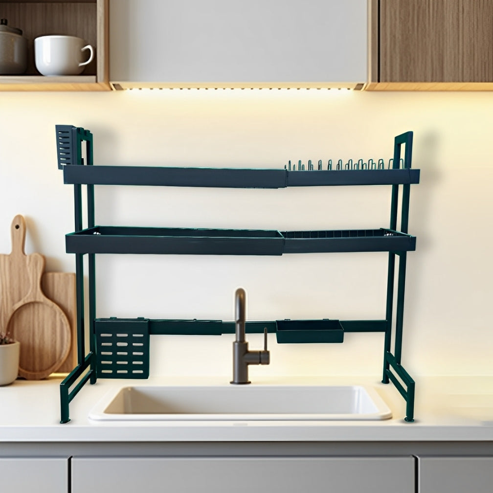 2 Layer Kitchen Dish Drying Rack, Over-the-Sink Dish Drainer, Extendable Dish Rack Organizer Shelf