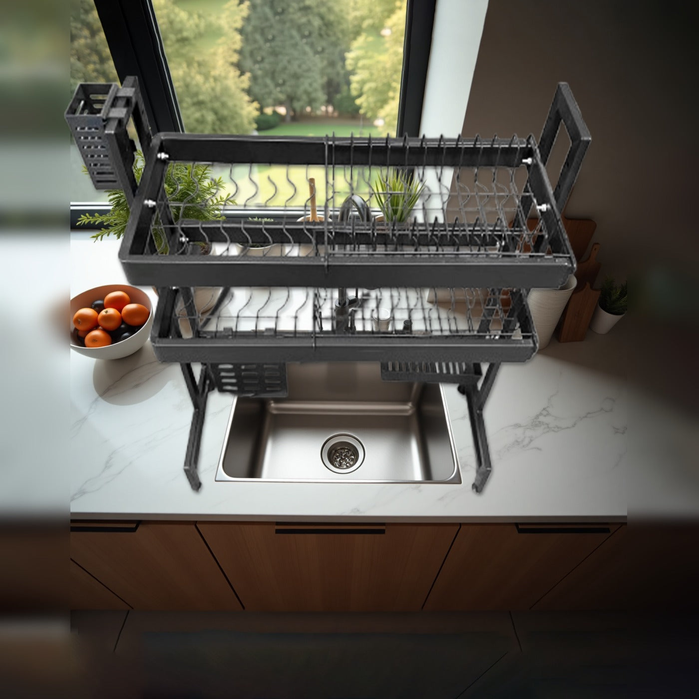 2 Layer Kitchen Dish Drying Rack, Over-the-Sink Dish Drainer, Extendable Dish Rack Organizer Shelf
