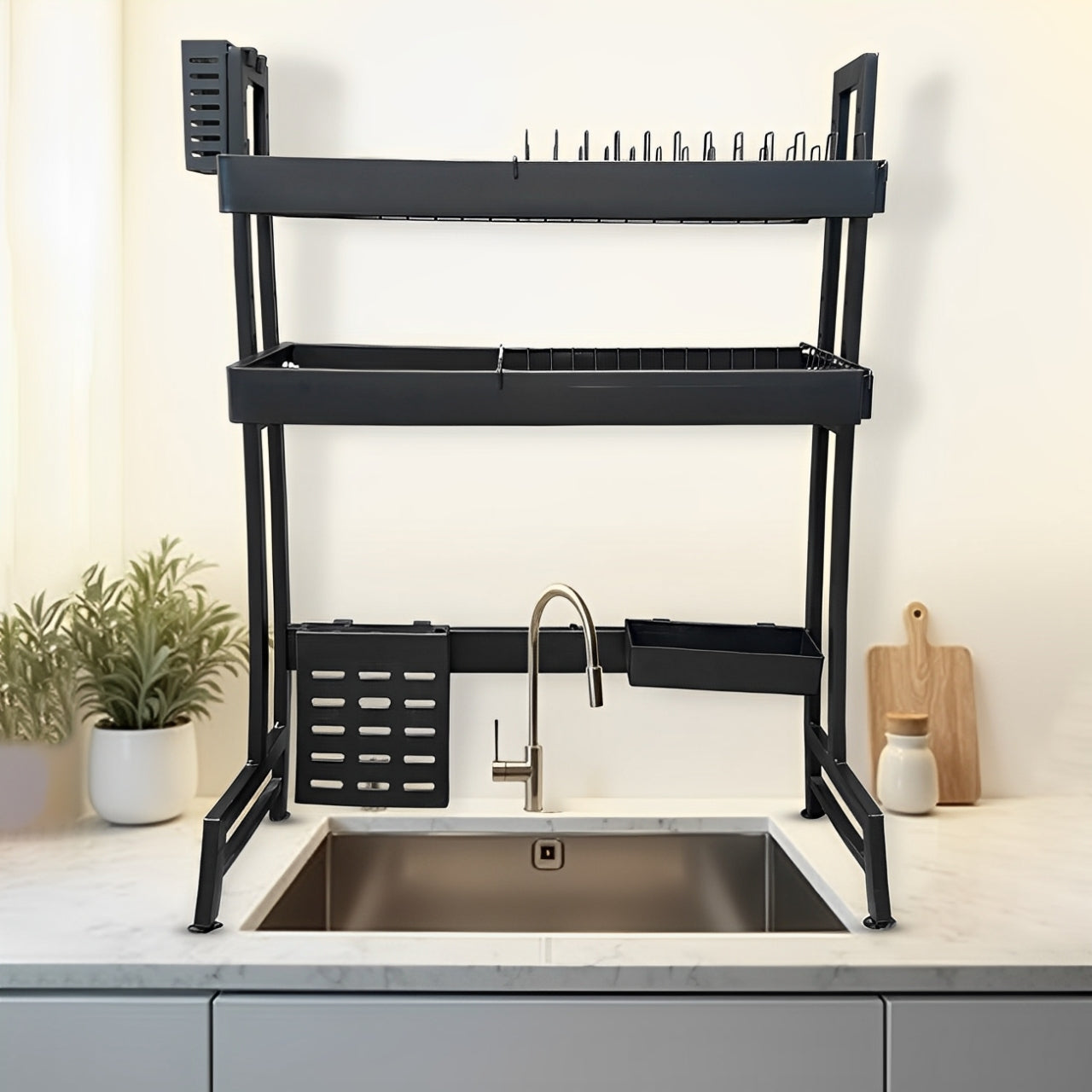 2 Layer Kitchen Dish Drying Rack, Over-the-Sink Dish Drainer, Extendable Dish Rack Organizer Shelf