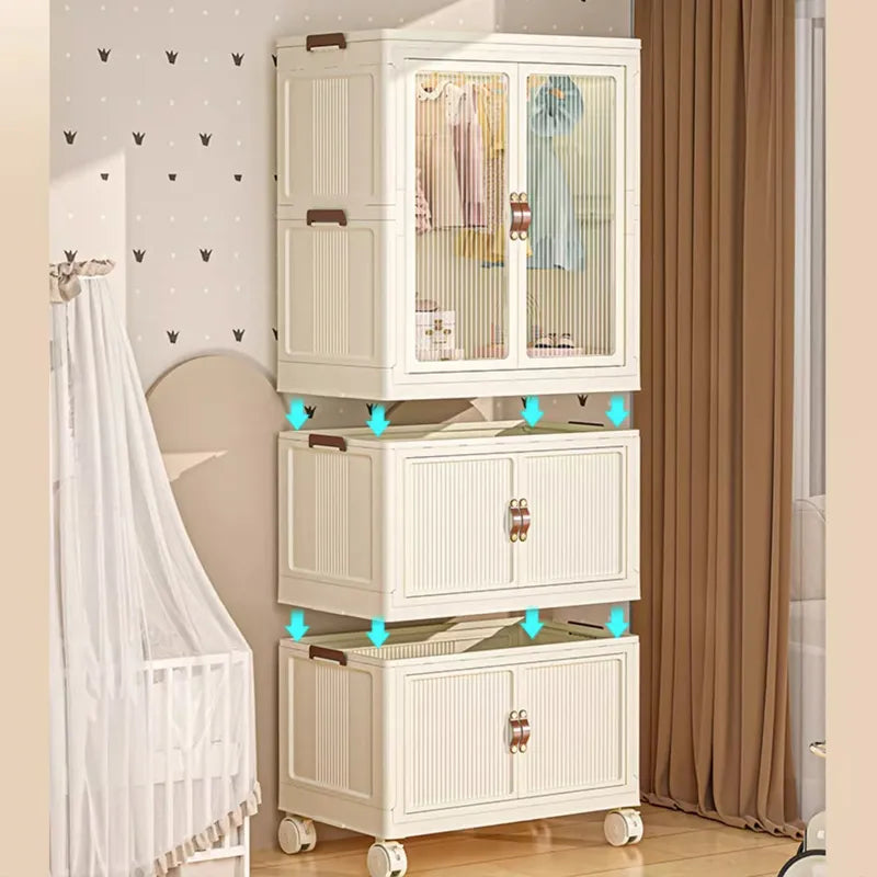 Portable Folding Storage Cabinet with Wheels, Baby Kid Clothing Toy Wardrobe