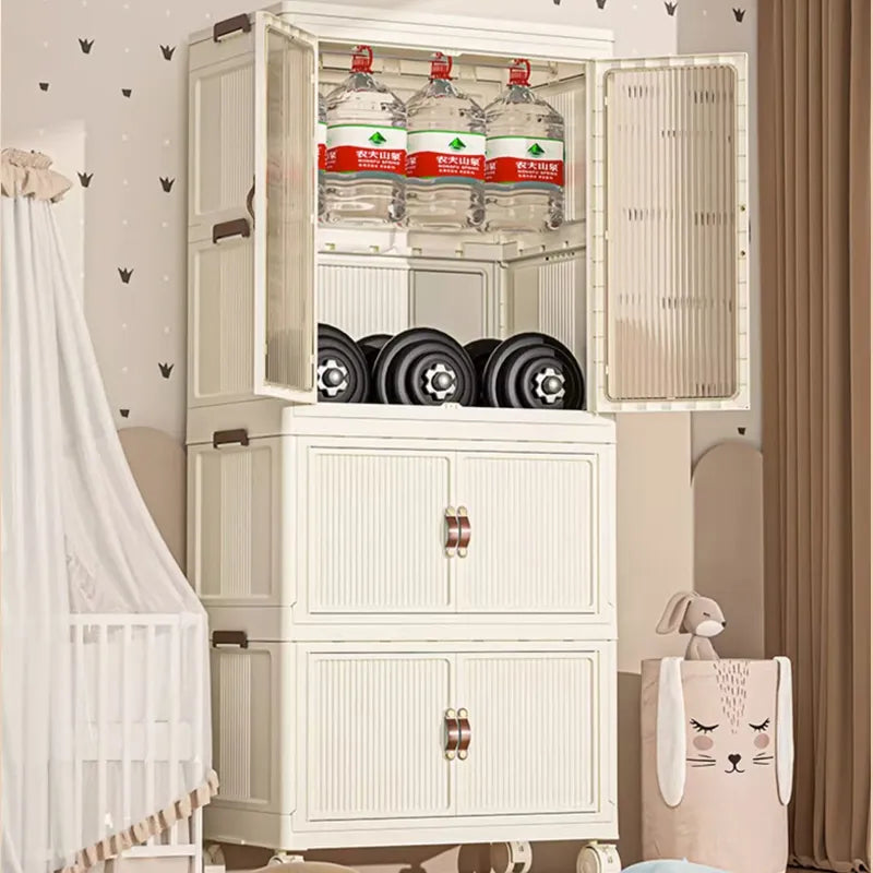 Portable Folding Storage Cabinet with Wheels, Baby Kid Clothing Toy Wardrobe