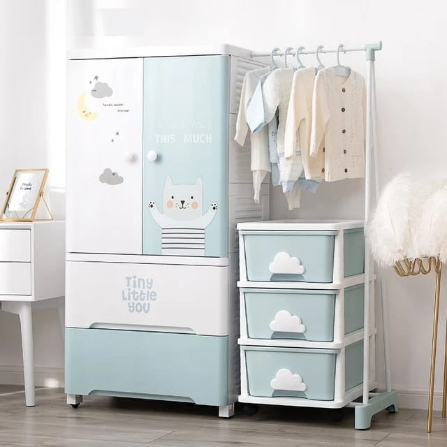 Baby Multi-Layer Drawer Type Wardrobe Shelf, Children Storage Cabinet Organizer With Hanging Rack