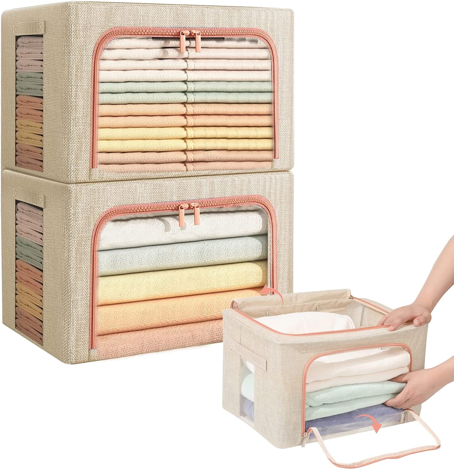 2 x 66L Foldable Large Capacity Cloth Storage, Wardrobe Organizer Box with Steel Frame Support