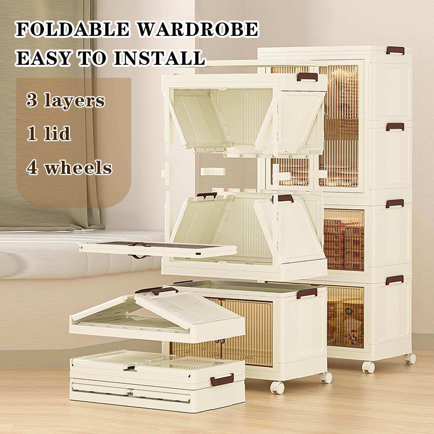 Cloth Storage Cabinet – Foldable Wardrobe Closet Organizer Movable Shelf Rack