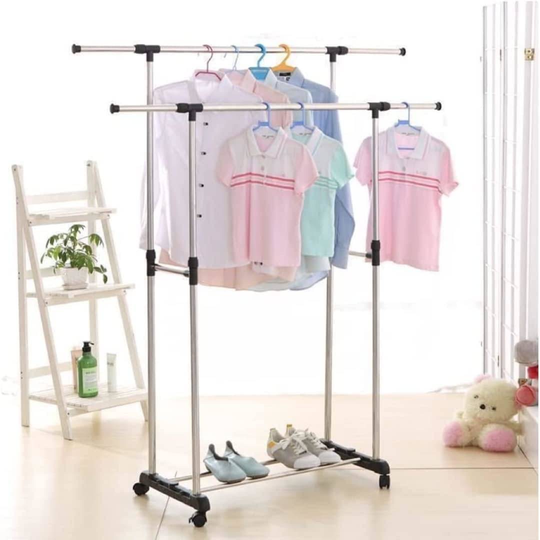 Double Pole Movable Cloth Hanger, Adjustable Garment Drying Organizer Rack
