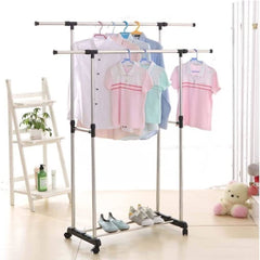 Double Pole Movable Cloth Hanger, Adjustable Garment Drying Organizer Rack
