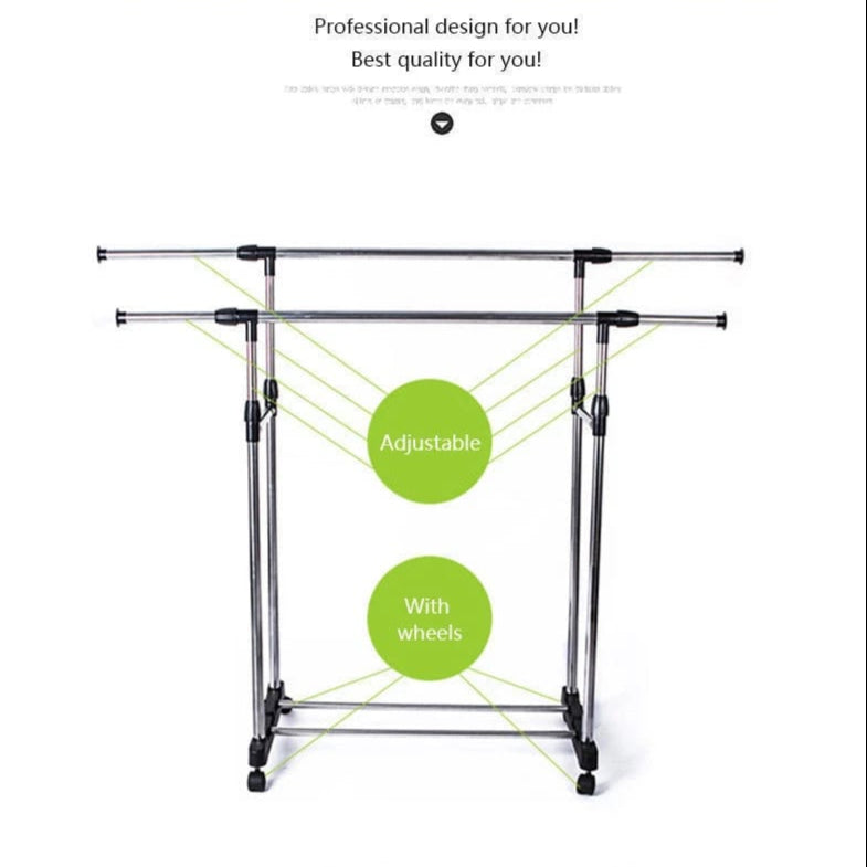 Double Pole Movable Cloth Hanger, Adjustable Garment Drying Organizer Rack