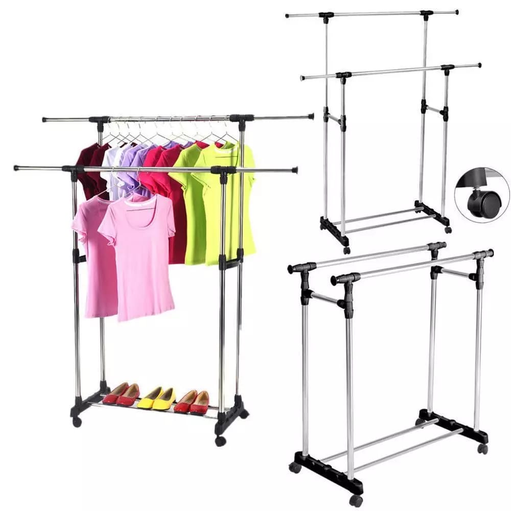Double Pole Movable Cloth Hanger, Adjustable Garment Drying Organizer Rack