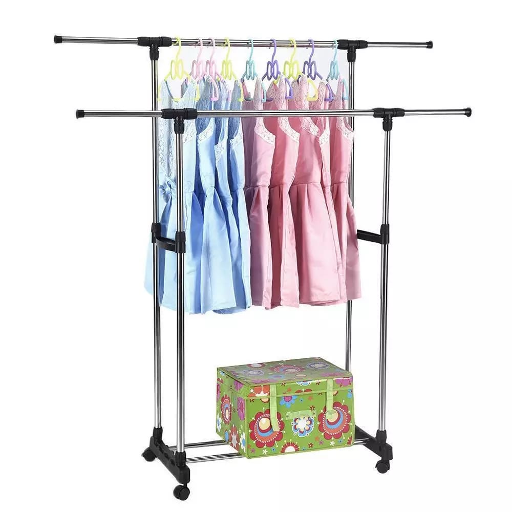Double Pole Movable Cloth Hanger, Adjustable Garment Drying Organizer Rack