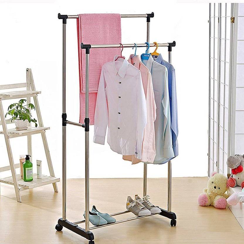 Double Pole Movable Cloth Hanger, Adjustable Garment Drying Organizer Rack