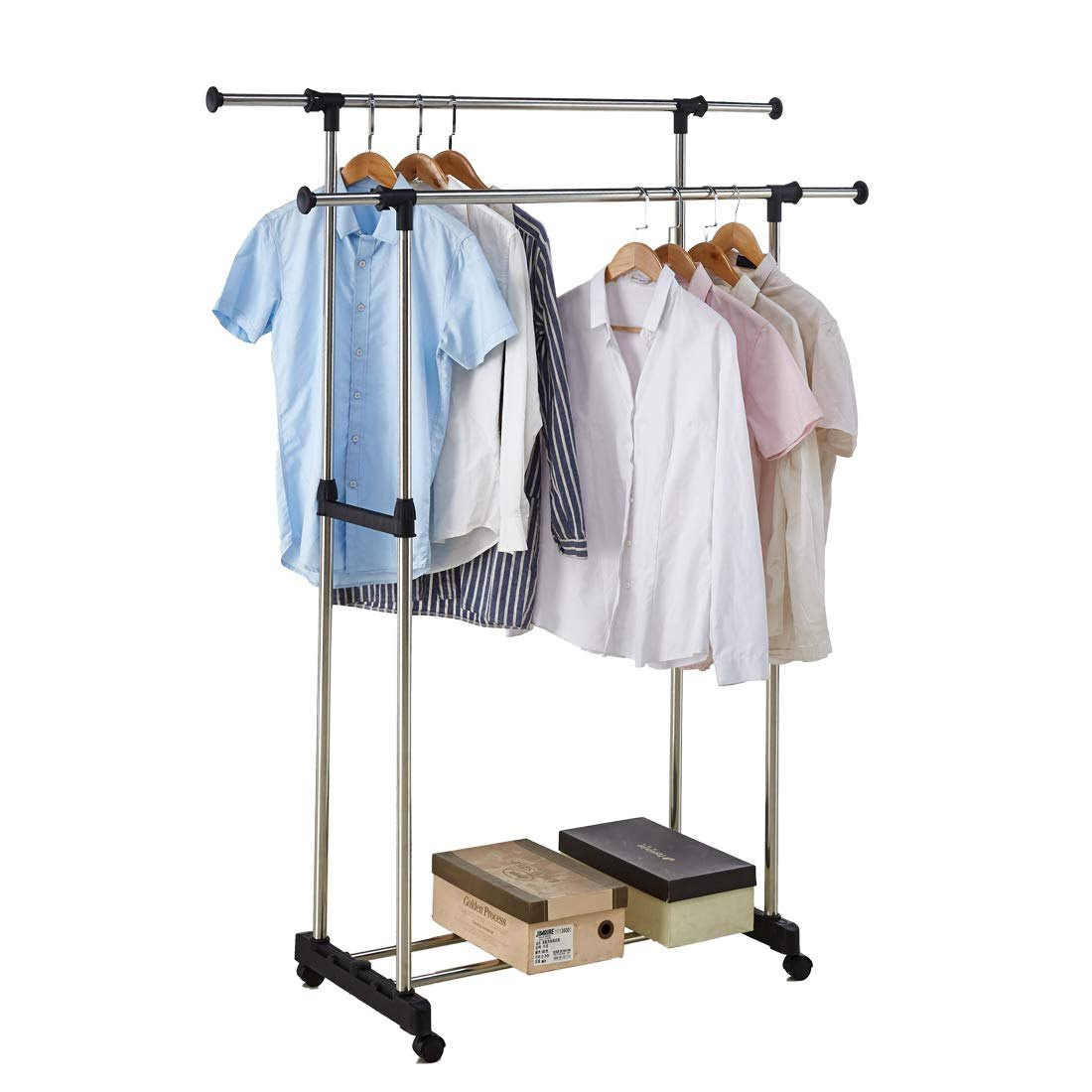 Double Pole Movable Cloth Hanger, Adjustable Garment Drying Organizer Rack