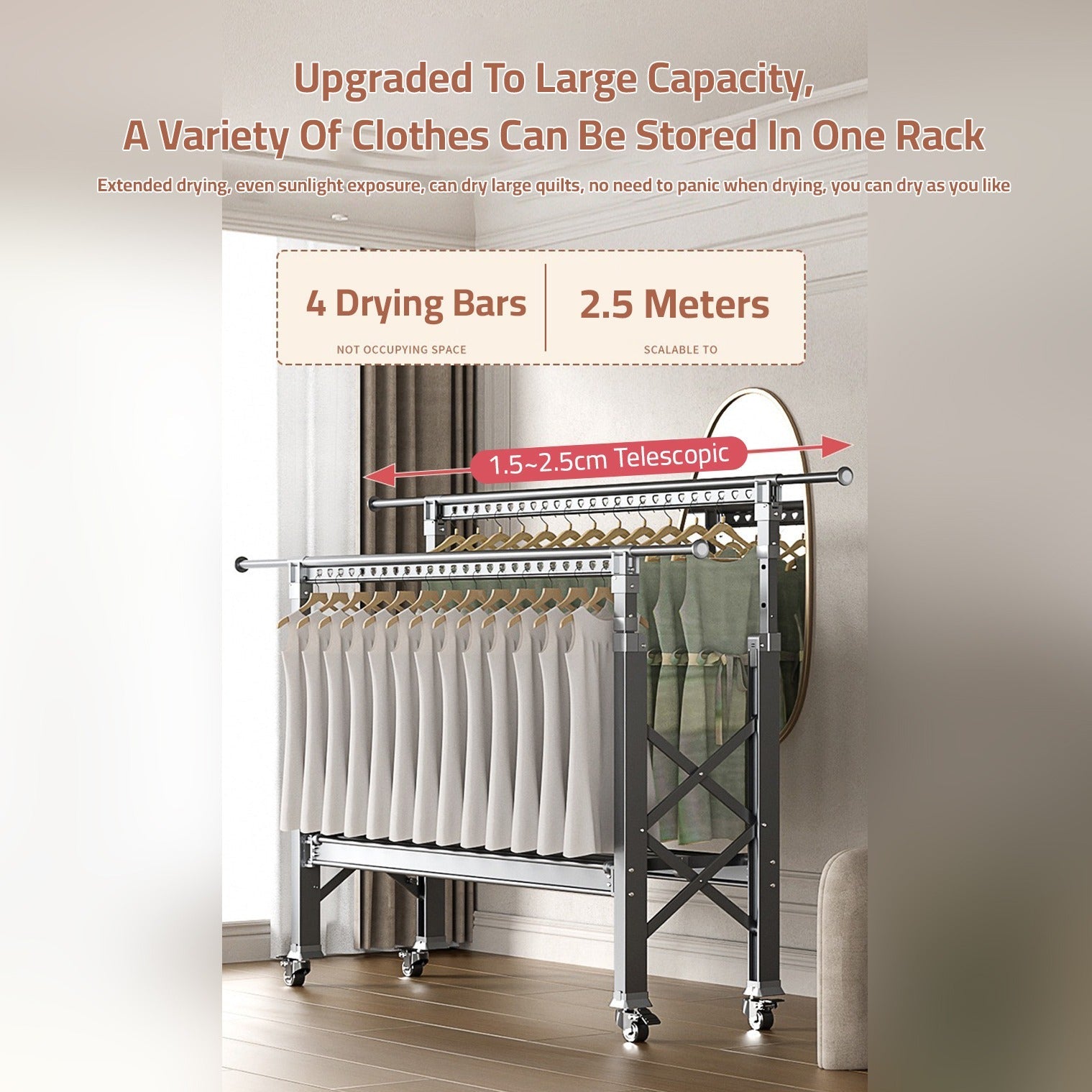 Double Rod Cloth Drying Stand, Movable Garment Display Stand For Home