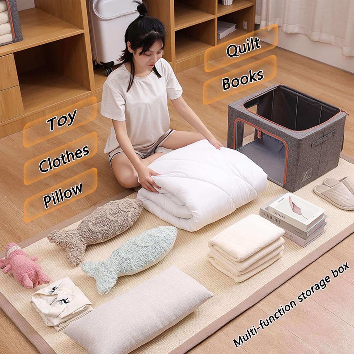 2 x 66L Foldable Large Capacity Cloth Storage, Wardrobe Organizer Box with Steel Frame Support
