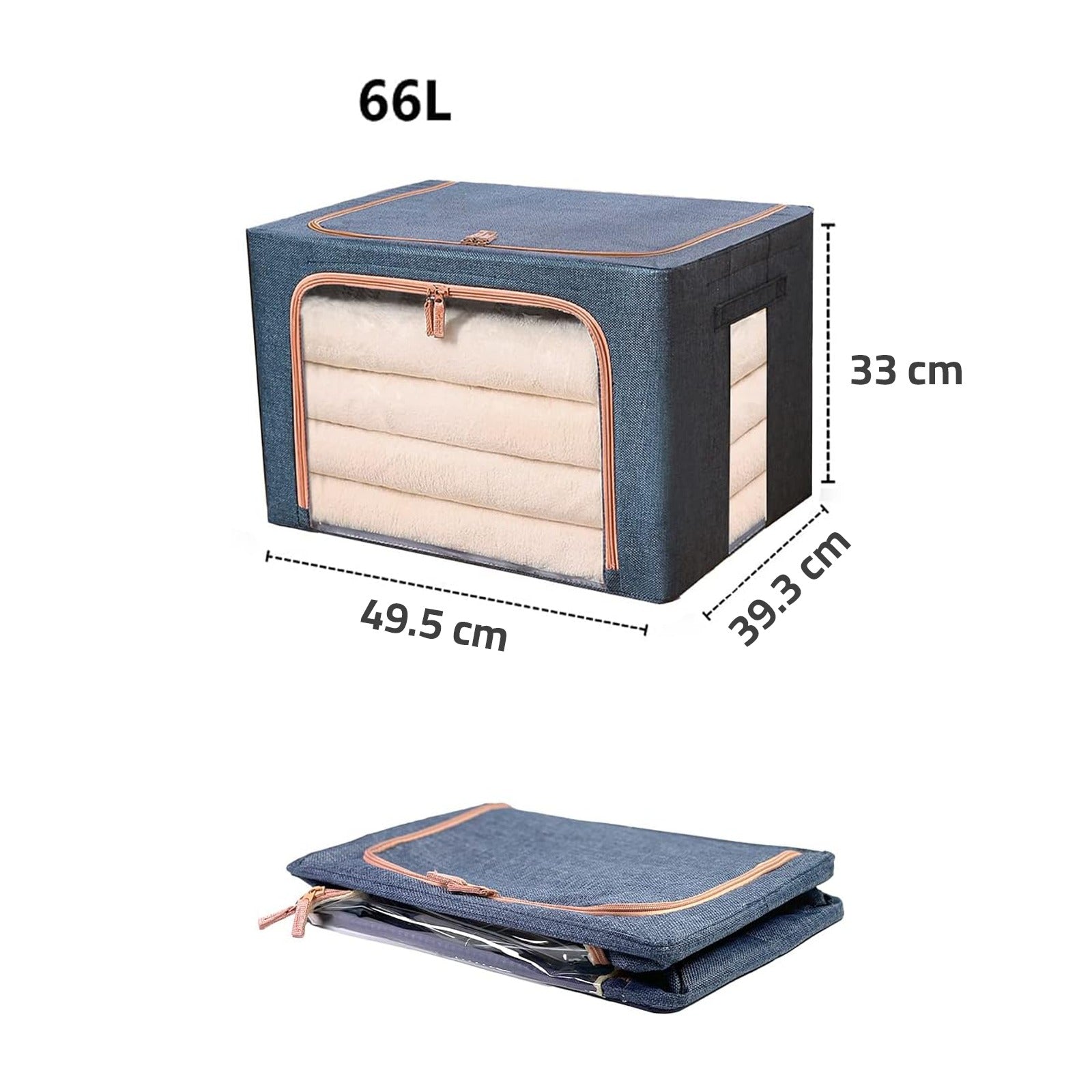 2 x 66L Foldable Large Capacity Cloth Storage, Wardrobe Organizer Box with Steel Frame Support