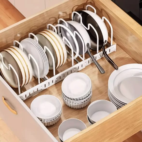 Expandable Pot and Pan Organizer Rack, Lid Holder – Adjustable Kitchen Storage Solution