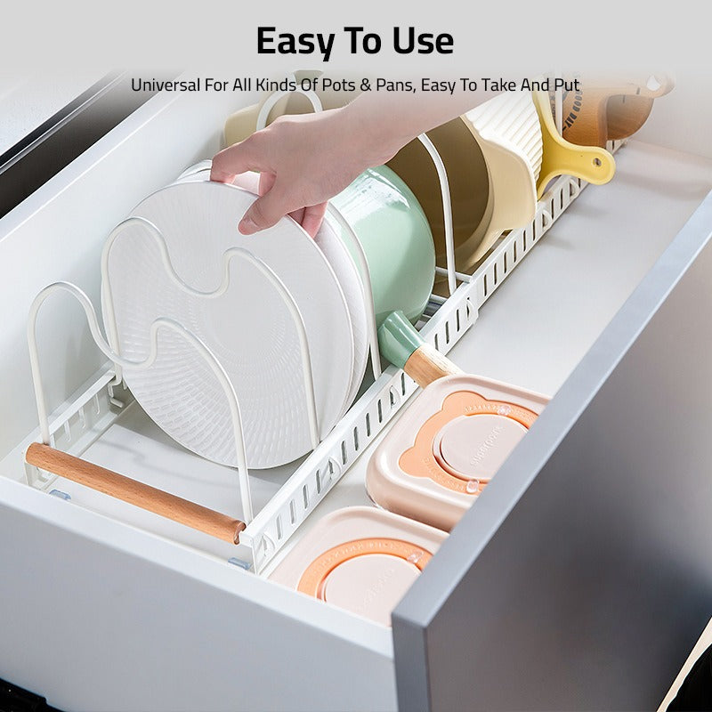 Expandable Pot and Pan Organizer Rack, Lid Holder – Adjustable Kitchen Storage Solution