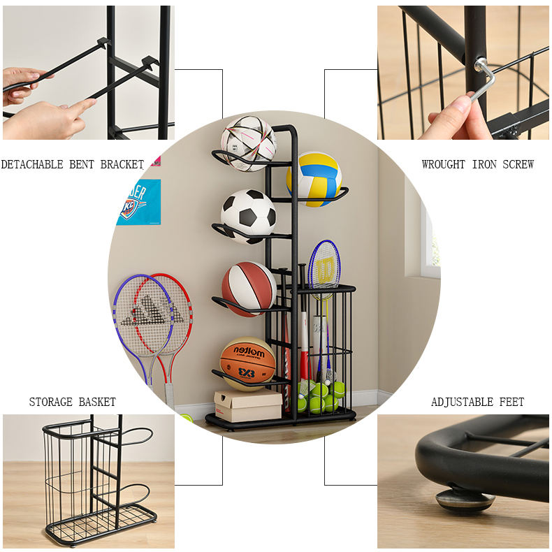Ball Storage Rack, Basketball Football Volleyball Badminton Racket Storage Stand, Sports Accessories Holder