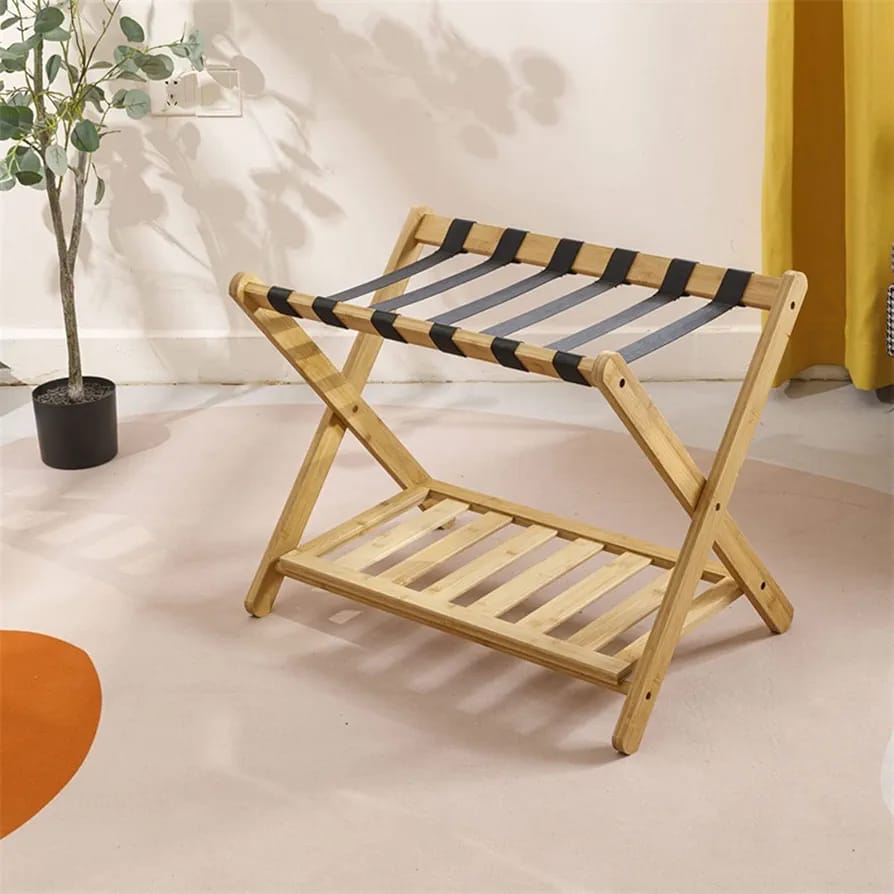 Folding Wooden Luggage Holder Rack, Suitcase Stand with Storage Shelf